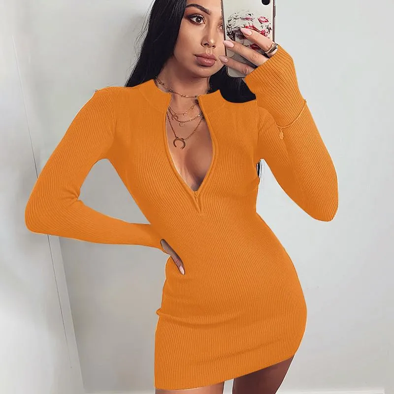 Zipper Deep V-neck Mini Dress