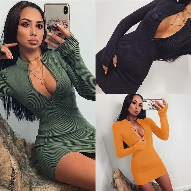 Zipper Deep V-neck Mini Dress